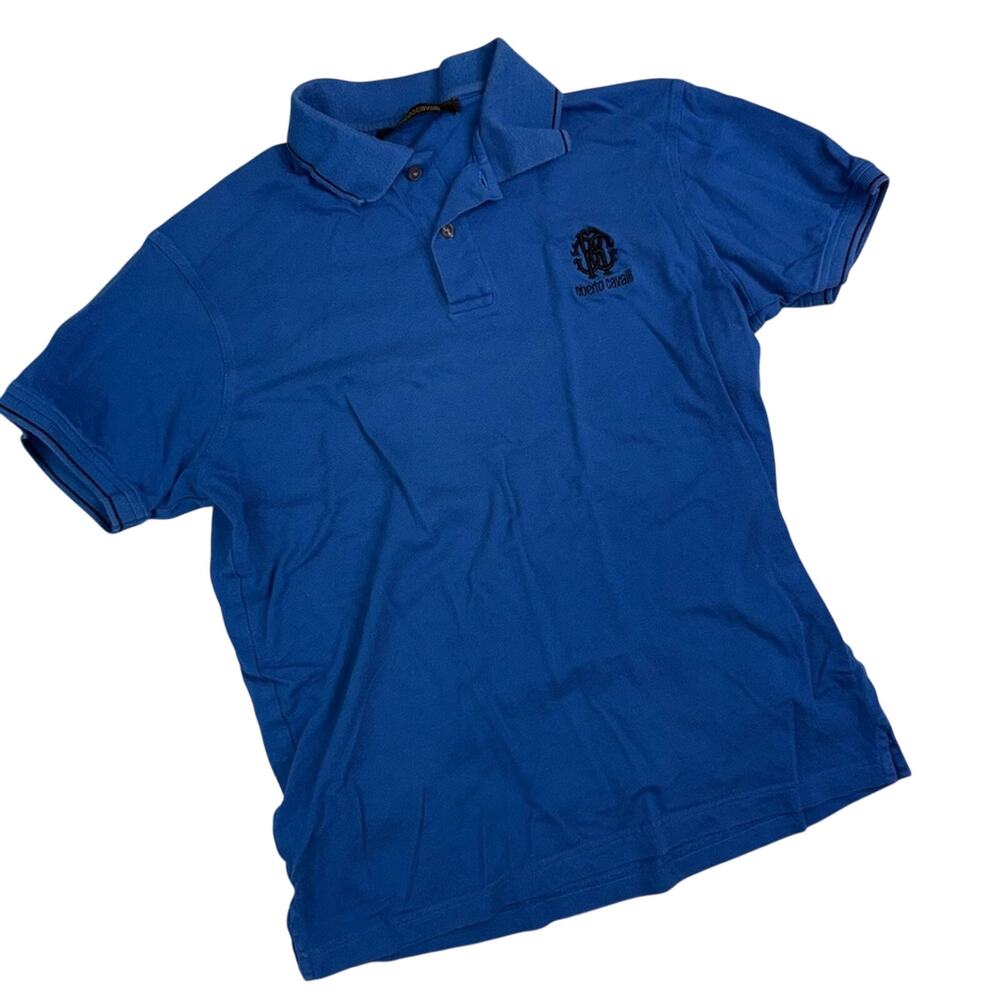 Roberto Cavalli Men's Pique Knit Short Sleeve Polo Shirt Royal Blue Black Medium